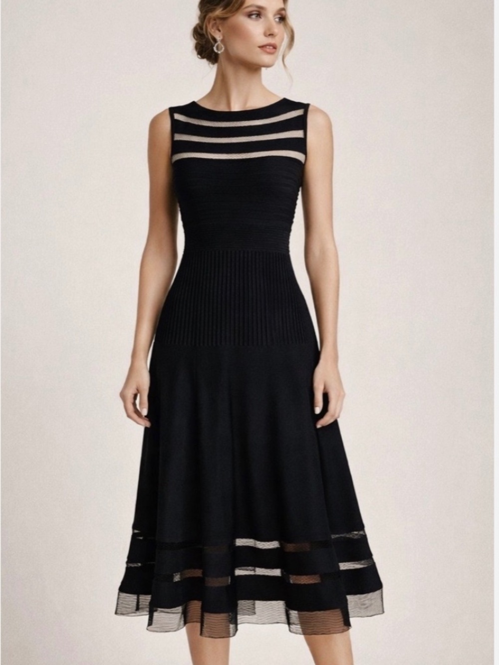 TADASHI SHOJI Black Mesh Cutout Cocktail Dress Medium Sleeveless Knee-length